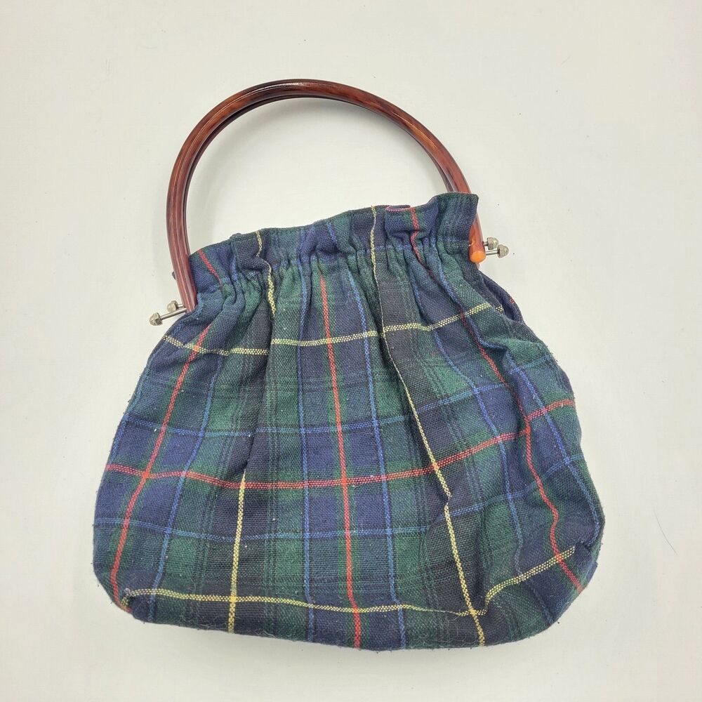 Vitg Tartan Plaid Purse w/ navy lining Handbag with Double Bakelite Handles - Picture 2 of 4